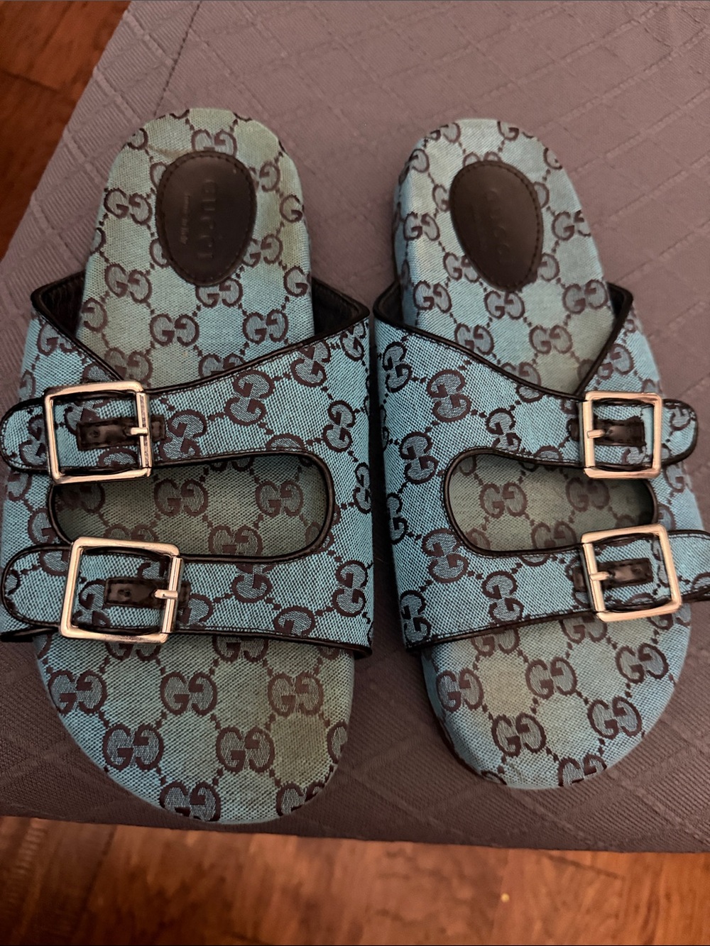 Double Buckle GG Monogram Slide Sandals in Blue-Black
